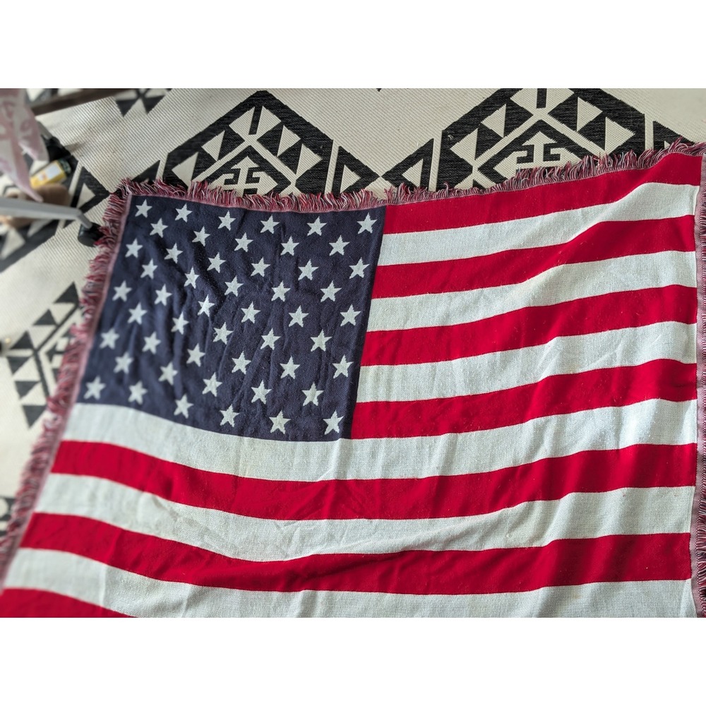 American Flag Blanket Throw Woven Stars Stripes Fringe 60x48